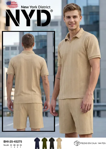 Conjunto de polo y short de punto texturizado para hombre