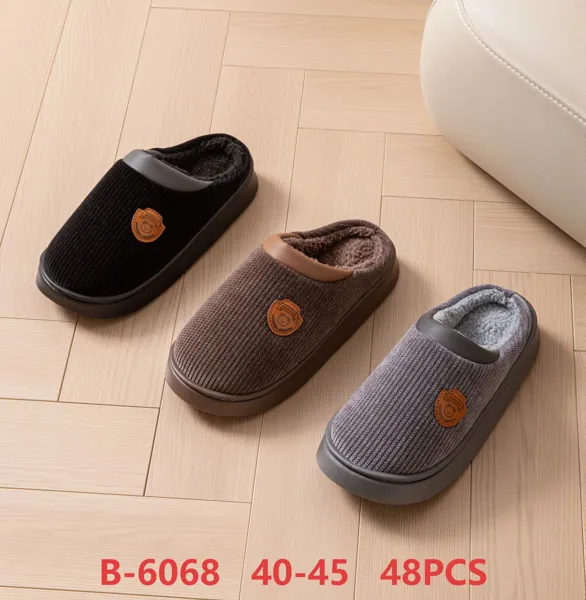 Pantuflas de invierno para hombre de pana con forro de borrega y parche de osito