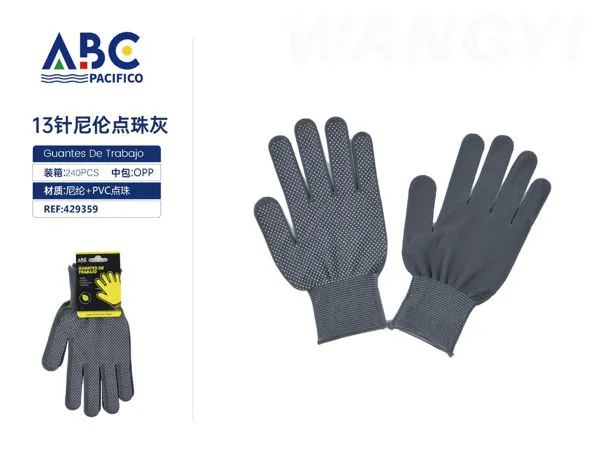 Guantes de trabajo de nylon 13 galgas con puntos antiderrapantes de PVC, gris