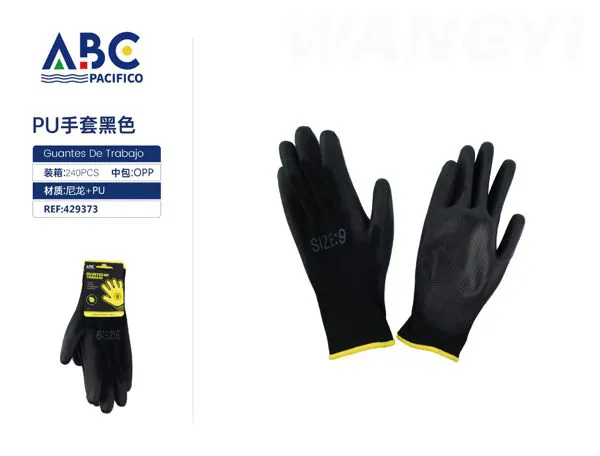 Guantes de trabajo de nylon con recubrimiento de PU, negro, talla 9