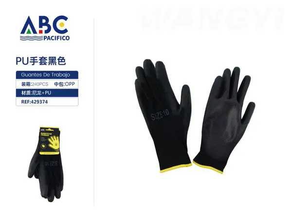 Guantes de trabajo de nylon con recubrimiento de PU, negro, talla 10