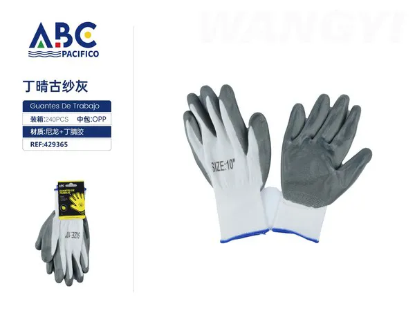 Guantes de trabajo de nylon blanco con recubrimiento de nitrilo gris, talla 10