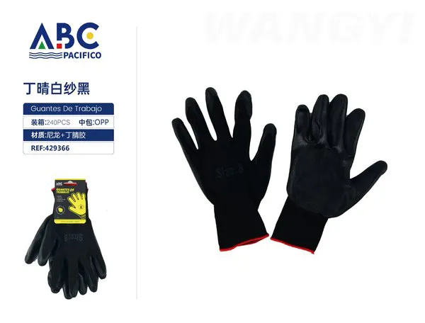 Guantes de trabajo de nylon negro con recubrimiento de nitrilo, talla 8