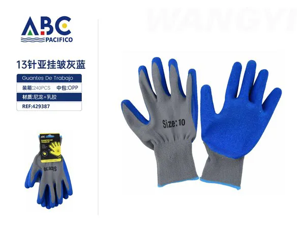 Guantes de trabajo de nylon 13 galgas con recubrimiento de látex rugoso, gris y azul, talla 10