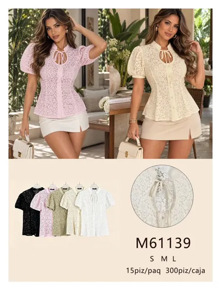 Blusa de encaje manga globo con escote calado