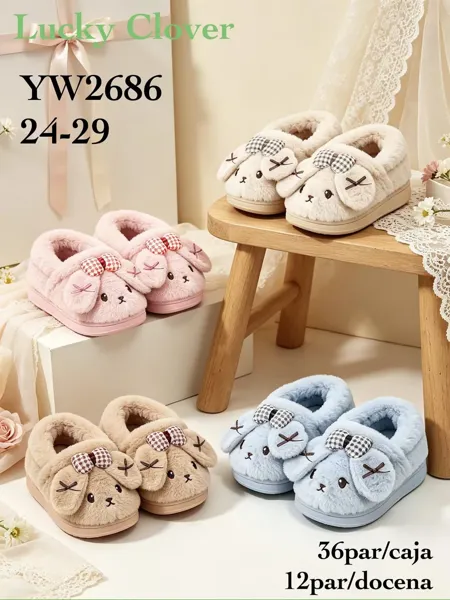 Pantuflas de peluche infantiles de conejo con moño a cuadros