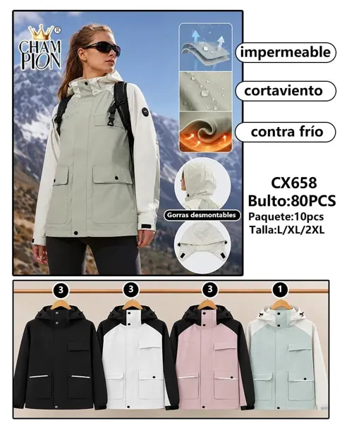 Chamarra impermeable cortavientos con capucha desmontable para dama