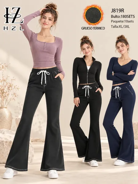 Pantalón acampanado de tela térmica con cordón