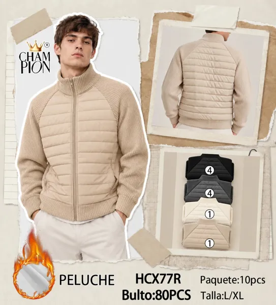 Chamarra híbrida acolchada con mangas de punto y forro de peluche para hombre