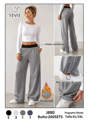 Pantalón de pierna ancha térmico con cintura en contraste y ajuste en tobillo