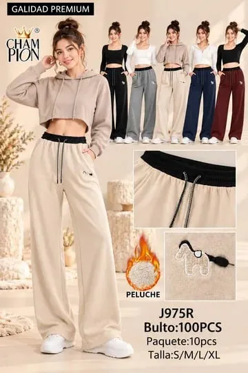 Pantalón de pierna ancha con forro de peluche y cintura en contraste