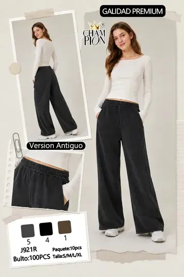 Pantalón de pierna ancha efecto deslavado con cintura elástica