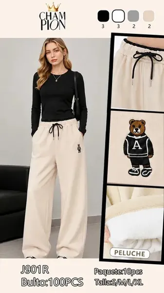 Pantalón de pierna ancha con forro de peluche y parche de osito