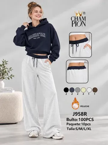 Pantalón de pierna ancha con forro de peluche, cintura bicolor y cordón