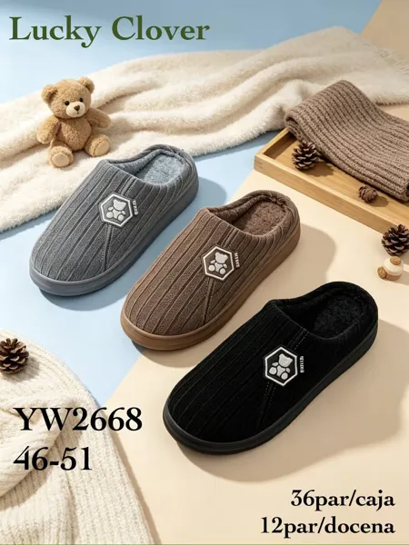 Pantuflas de invierno para hombre de punto con parche de osito