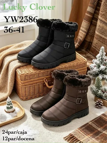 Botas de invierno acolchadas para dama con hebilla y cuello de peluche