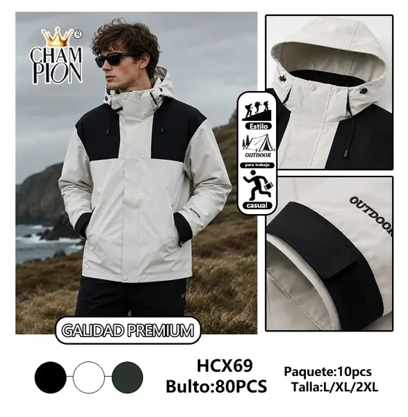 Chamarra cortavientos outdoor con capucha bicolor para hombre