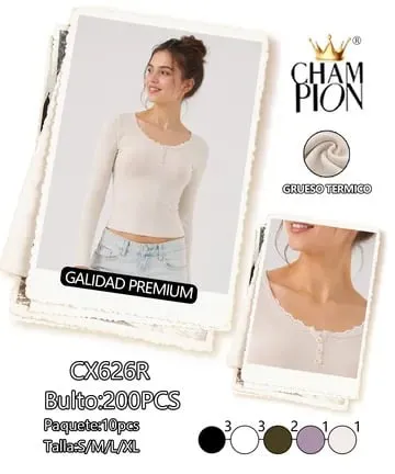 Playera térmica de manga larga con botones y encaje en el cuello
