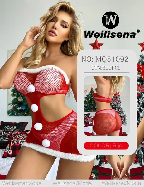Body de malla navideño estilo Santa con pompones