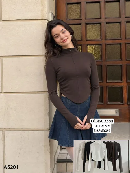 Blusa de manga larga con medio cierre y dobladillo curvo