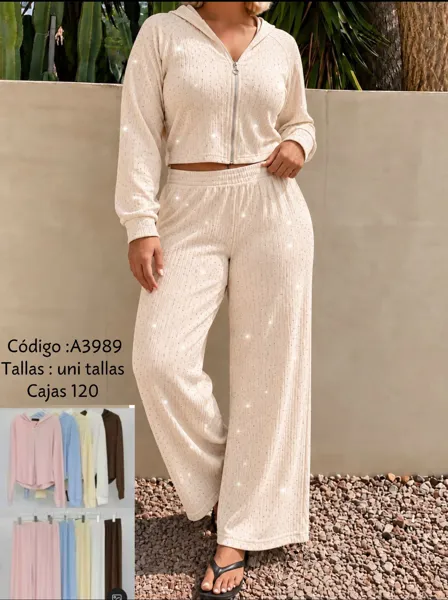 Conjunto de sudadera con capucha y cierre y pantalón de pierna ancha con brillos