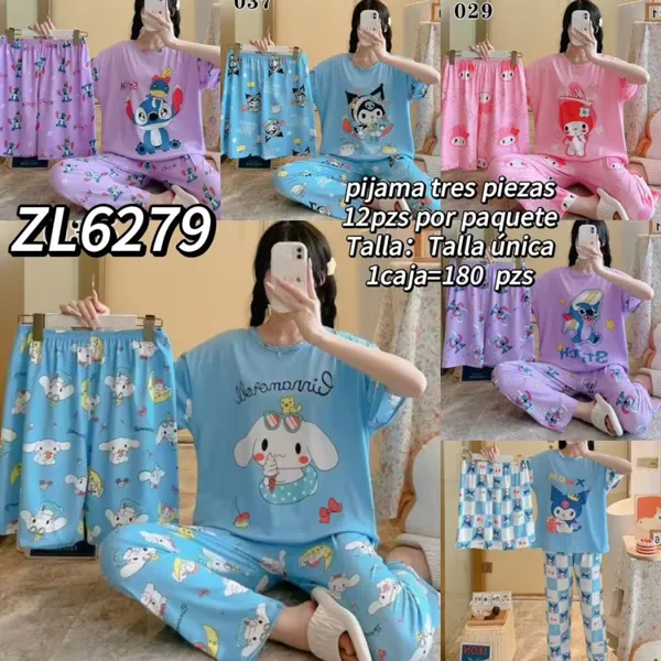 Pijama de tres piezas con personajes para dama