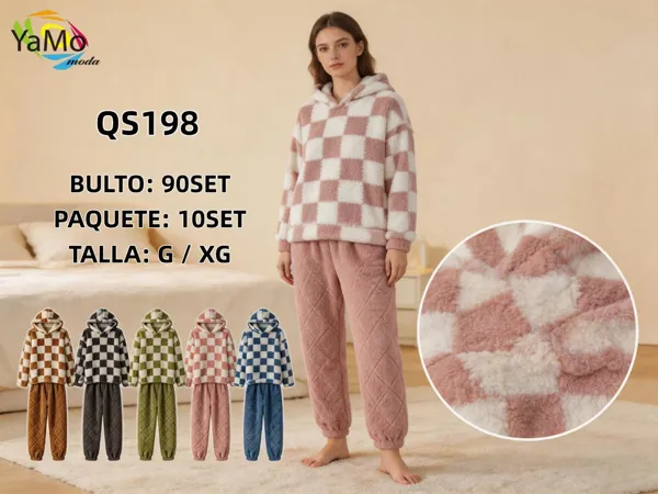 Pijama de felpa a cuadros con capucha para dama