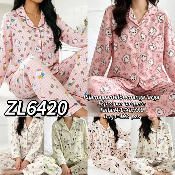 Pijama de manga larga con estampado de gatitos para dama