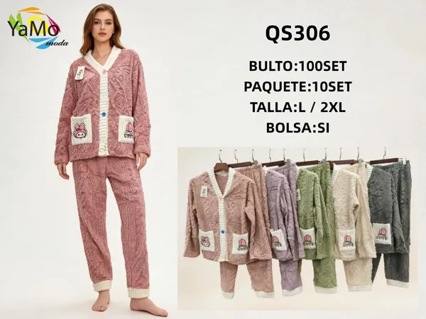Pijama de felpa con cárdigan de botones y pantalón para dama