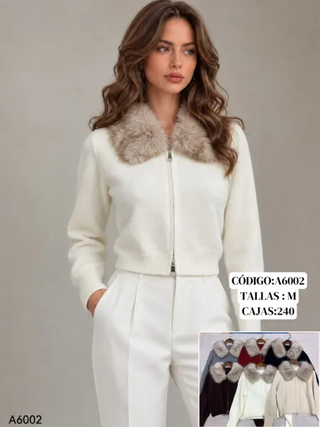 Chaqueta de punto con cuello de pelo y cierre