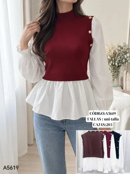 Blusa combinada con chaleco de punto y botones