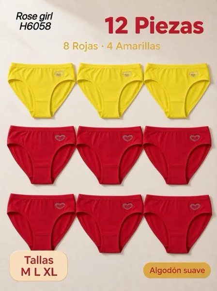 Calzón de algodón suave con corazón rojo y amarillo, paquete de 12