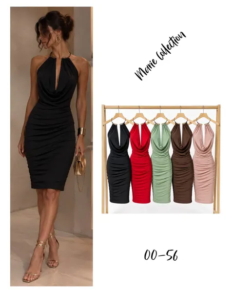 Vestido midi halter con escote drapeado