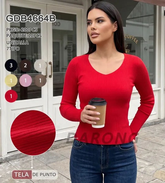 Top de punto cuello en V manga larga