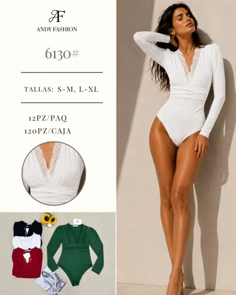 Body manga larga cuello V con encaje