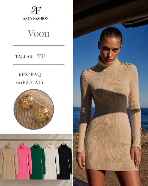 Vestido de punto cuello tortuga con botones dorados