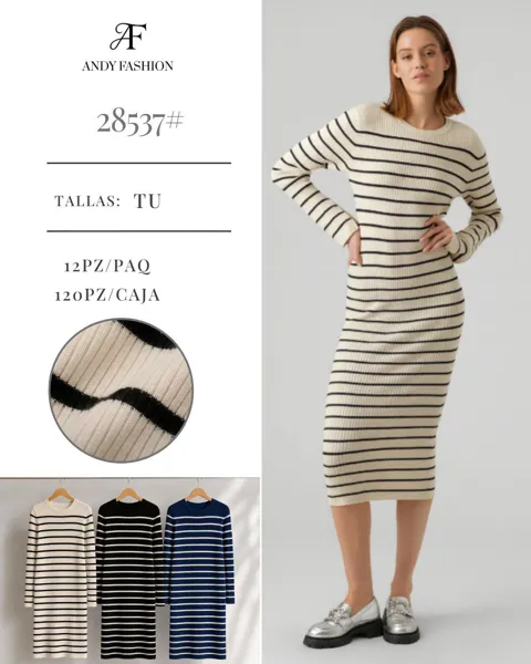 Vestido midi de punto rayado manga larga