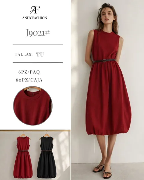 Vestido midi sin mangas globo con cinturón