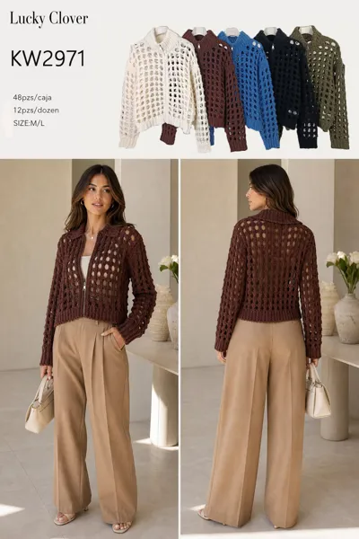 Chamarra tejido calado crochet cierre manga larga