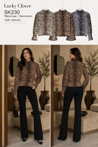 Blusa estampado leopardo manga larga puños volantes