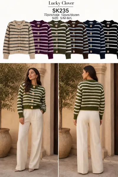 Cardigan tejido rayas botones dorados corto manga larga