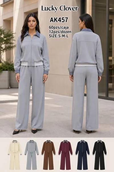 Conjunto casual chaqueta con cierre y cuello a cuadros y pantalón ancho