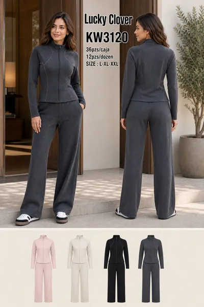Conjunto deportivo chaqueta ajustada con cierre cuello mao y pantalón ancho