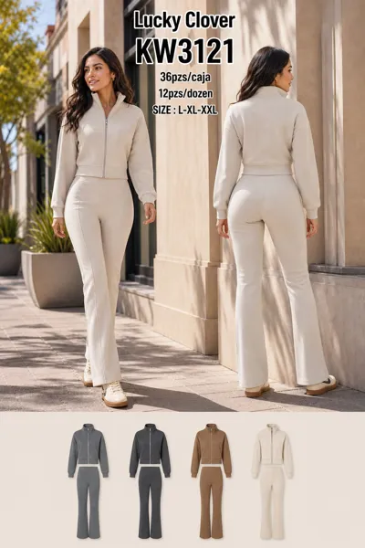 Conjunto deportivo chaqueta crop con cierre y pantalón acampanado