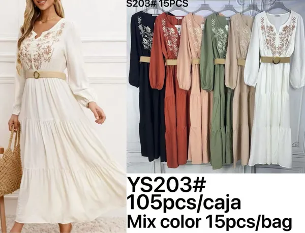 Vestido largo bordado con cinturón-YS203