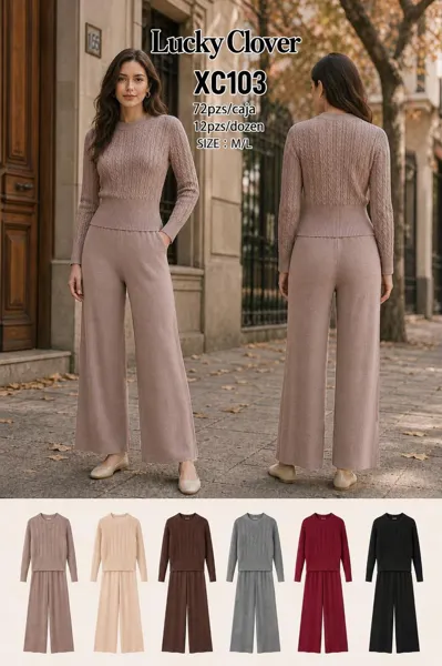 Conjunto de punto trenzado de suéter y pantalón de pierna ancha