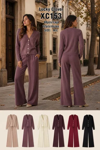 Conjunto de punto de cárdigan con botones y pantalón de pierna ancha