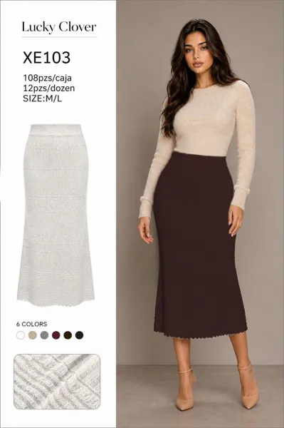 Falda midi de punto con textura y borde de encaje