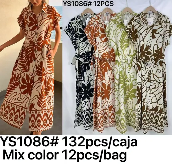 Mono estampado con cinturón y cuello de camisa-YS1086