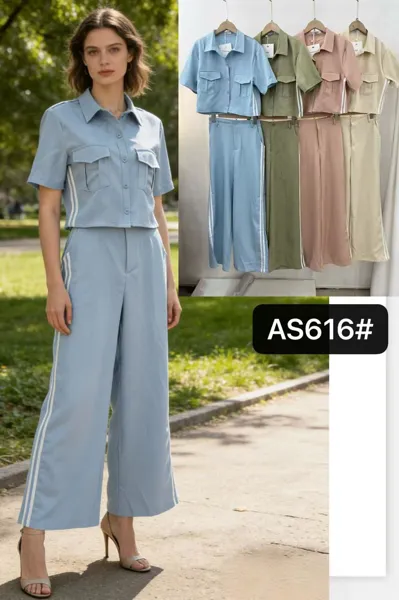 Conjunto de camisa con bolsillos y pantalón con franja lateral-AS616